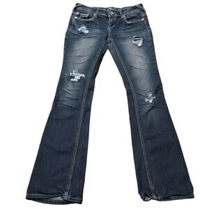 Premiere Denim Dark Washed Distressed Low Rise Boot Cut Blue Jeans Juniors 3/4